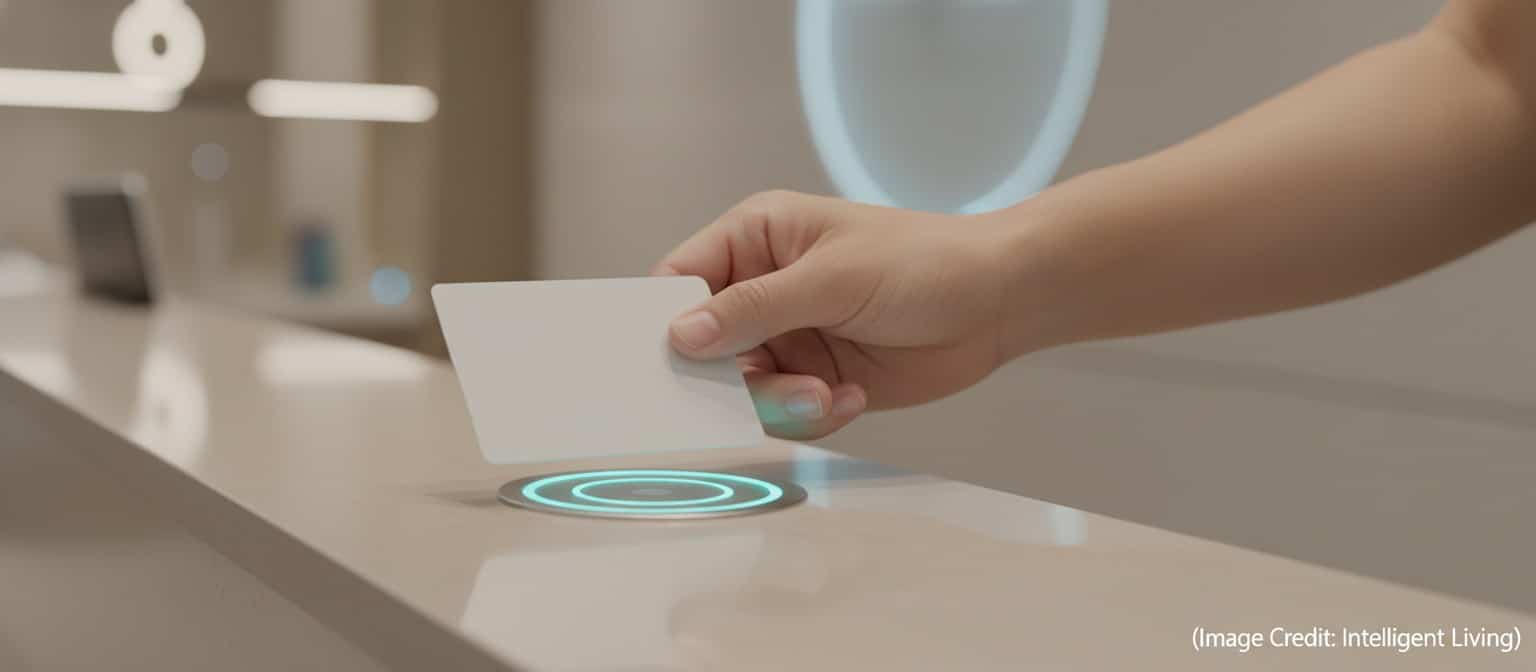 Wide photo showing a hand holding a simple generic health access card near a scanner glow, representing universal health credential interoperability and portable public healthcare access.