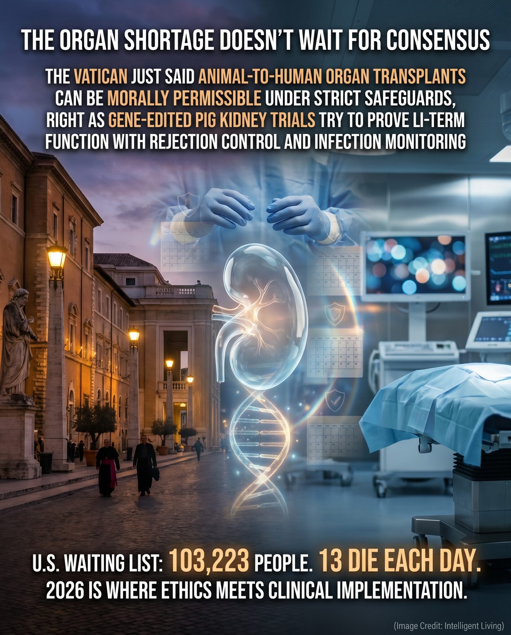 Vertical meme image showing Vatican bioethics guidance colliding with gene-edited pig kidney clinical trials, using organ waiting list statistics and plain-language xenotransplantation safety risks.