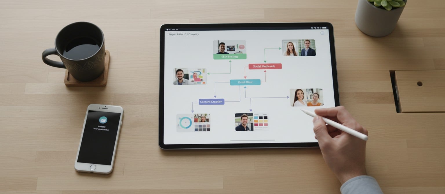 A digital marketer planning a visual campaign with flowcharts and image mood boards.