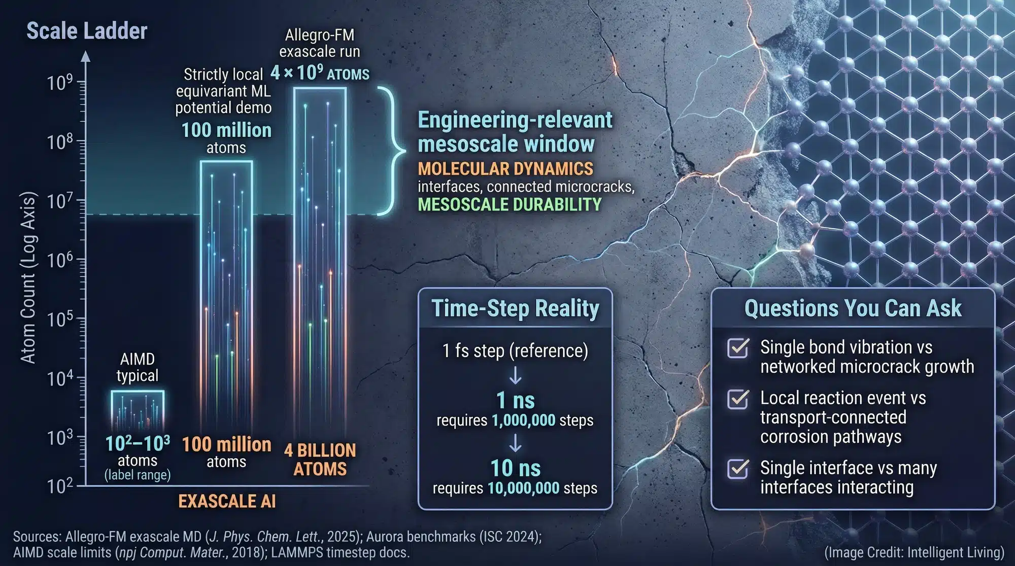 A high-impact data visualization comparing simulation scales from ab initio molecular dynamics to exascale AI, showing atom counts, time steps, and practical engineering questions for concrete durability.
