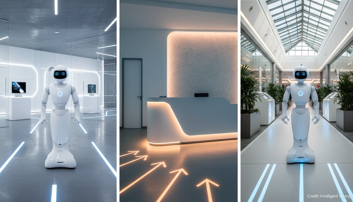 Montage-style cinematic image showing a humanoid robot in a showroom, an office reception area, and a mall-like corridor, illustrating realistic service-robot use cases.