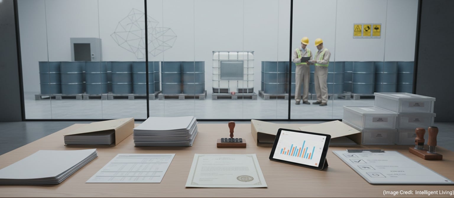 Wide photo of audit-ready industrial waste documentation with manifests, digital dashboard, and staged containers supporting compliance and sustainability tracking.