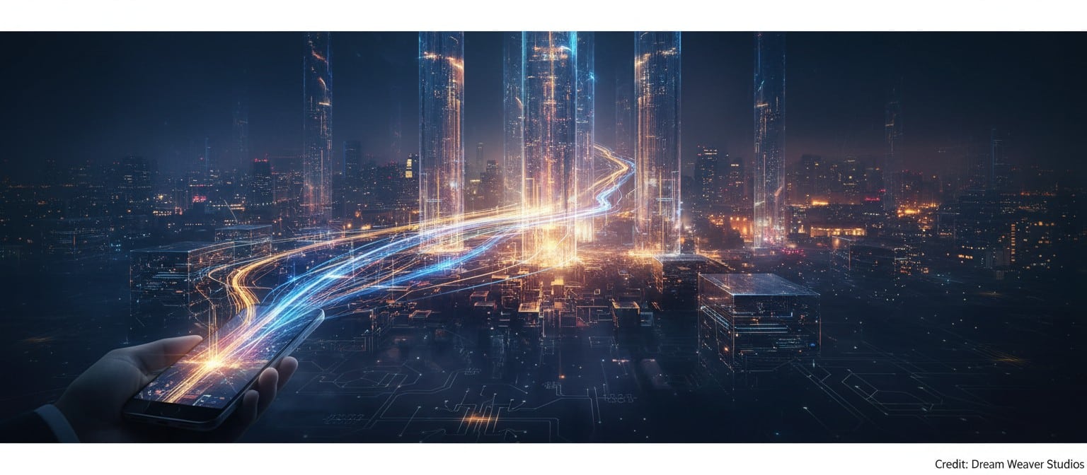Futuristic city-at-night scene blending a smartphone, glowing memory pathways, and a calm