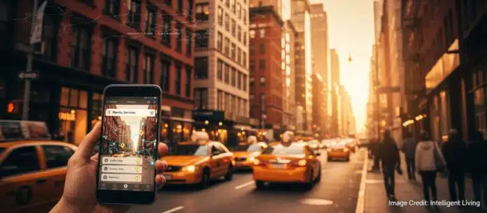 Cinematic NYC street with glowing map pins and a smartphone showing a local search result, highlighting NYC web development, local SEO, and AI search visibility.