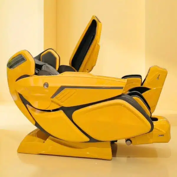 A futuristic yellow and black massage chair is shown in a side profile against a plain yellow background.