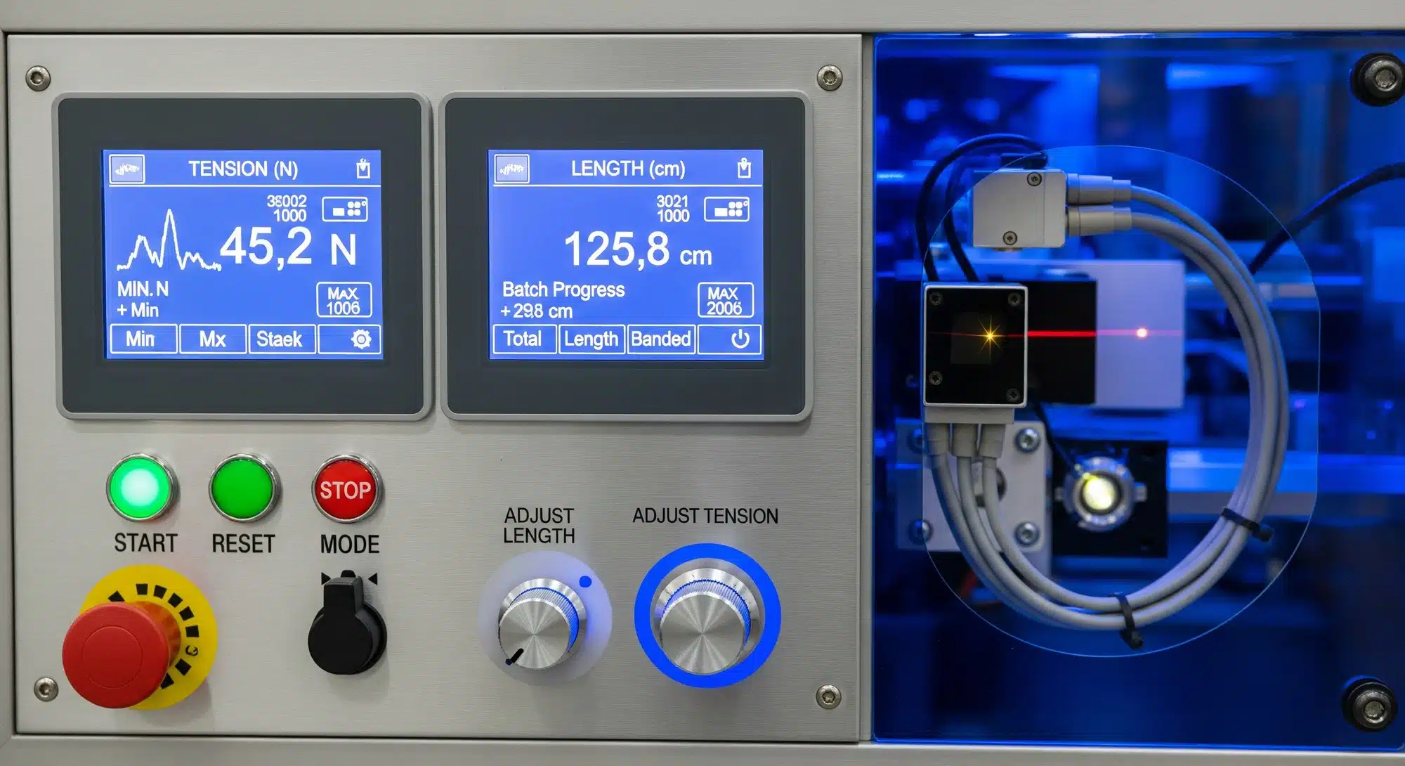 Close-up of banding machine digital control panel and precision sensor system