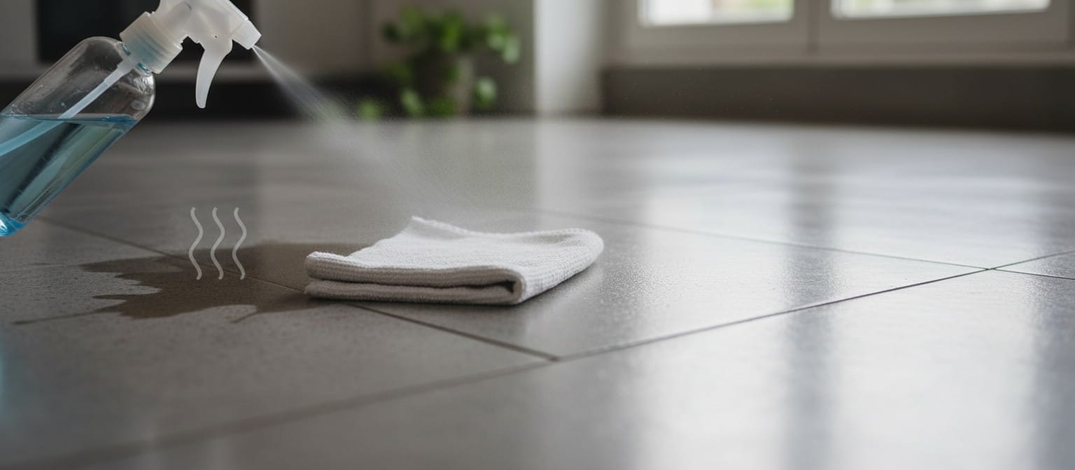 Spot-cleaning scene on a hard floor with a pet mess remover bottle, microfiber cloth, and subtle odor waves fading away, showing enzymatic cleaners for pet odor removal.