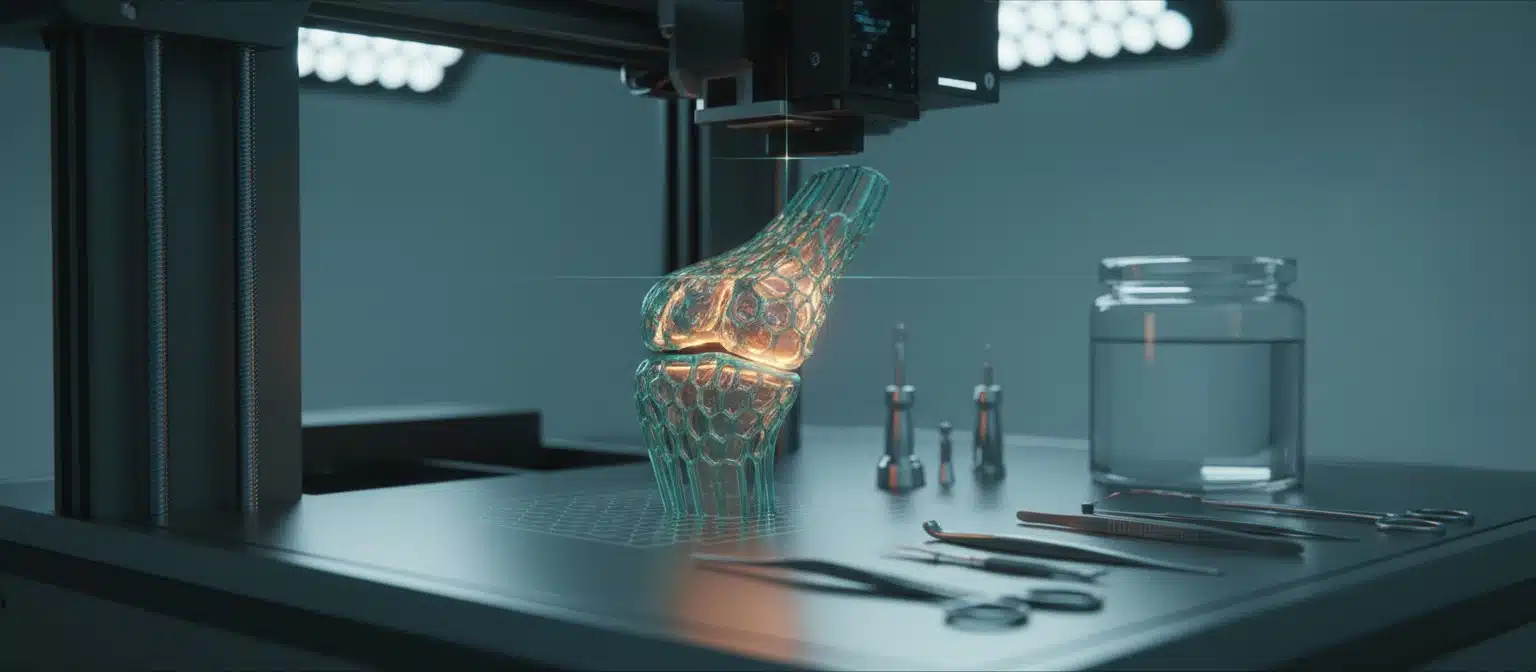 Futuristic lab scene with a high-detail 3D printer producing a biodegradable knee scaffold, highlighting preclinical testing for living knee replacement technology.