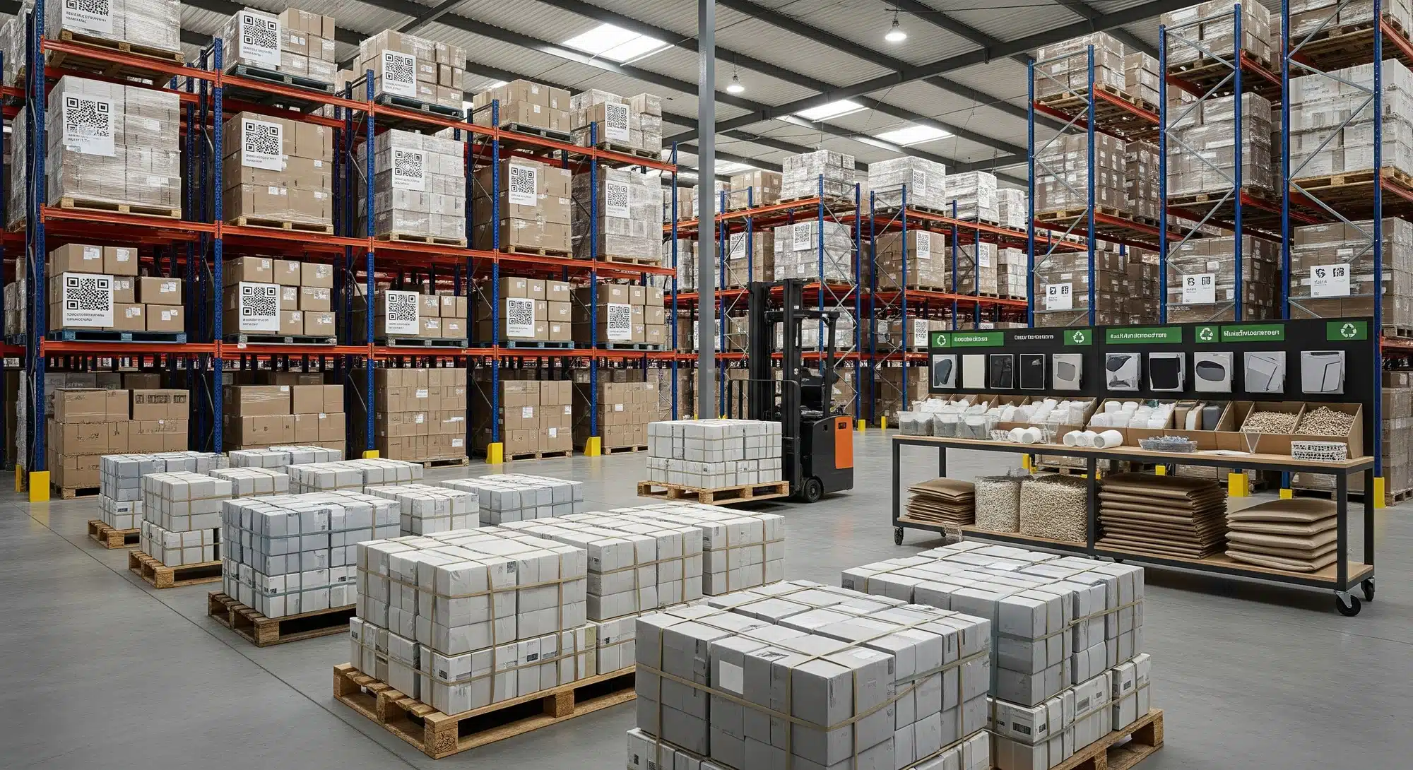 Warehouse with neatly stacked bundled products secured with paper bands