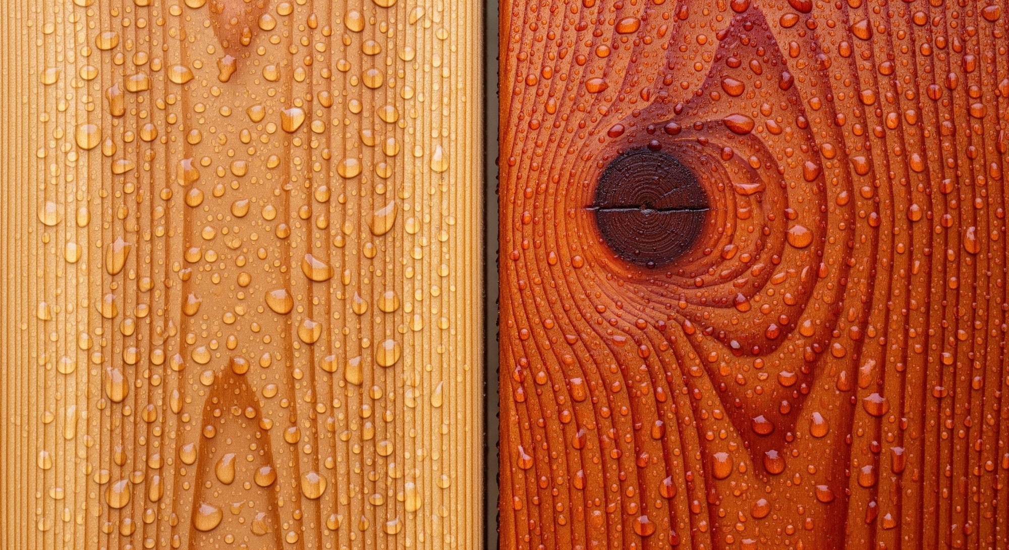 Close-up comparison of cedar and redwood fence boards showing natural wood grain textures and color differences in wet conditions.
