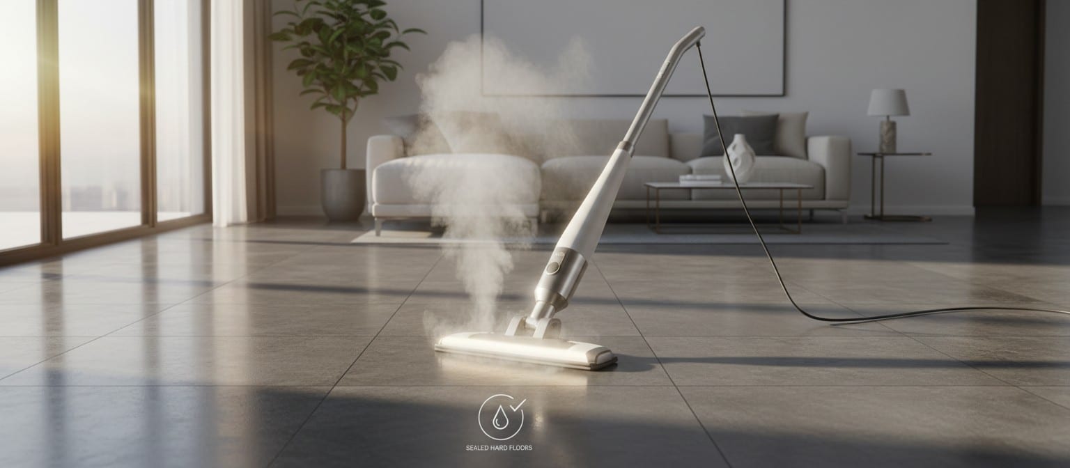 Steam mop gliding over a sealed hard floor with visible steam, clean modern room, and no chemical bottles in view, illustrating chemical-free mopping for sealed hard surfaces.