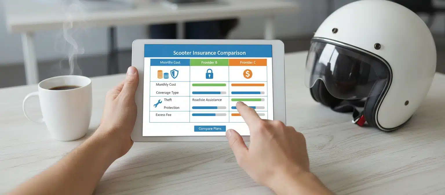 A person using a tablet to compare different two-wheeler insurance plans with icons and charts.