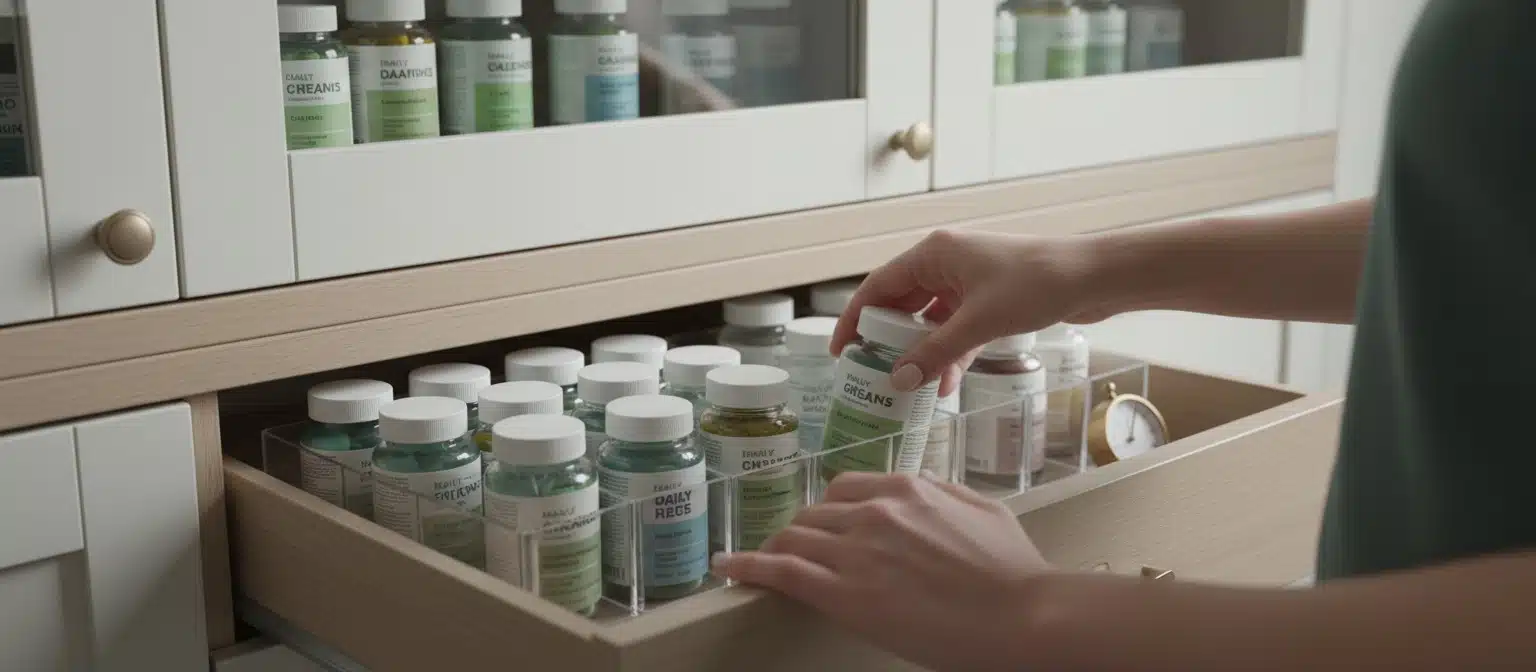 Hands organizing supplement bottles in a clean medicine cabinet.