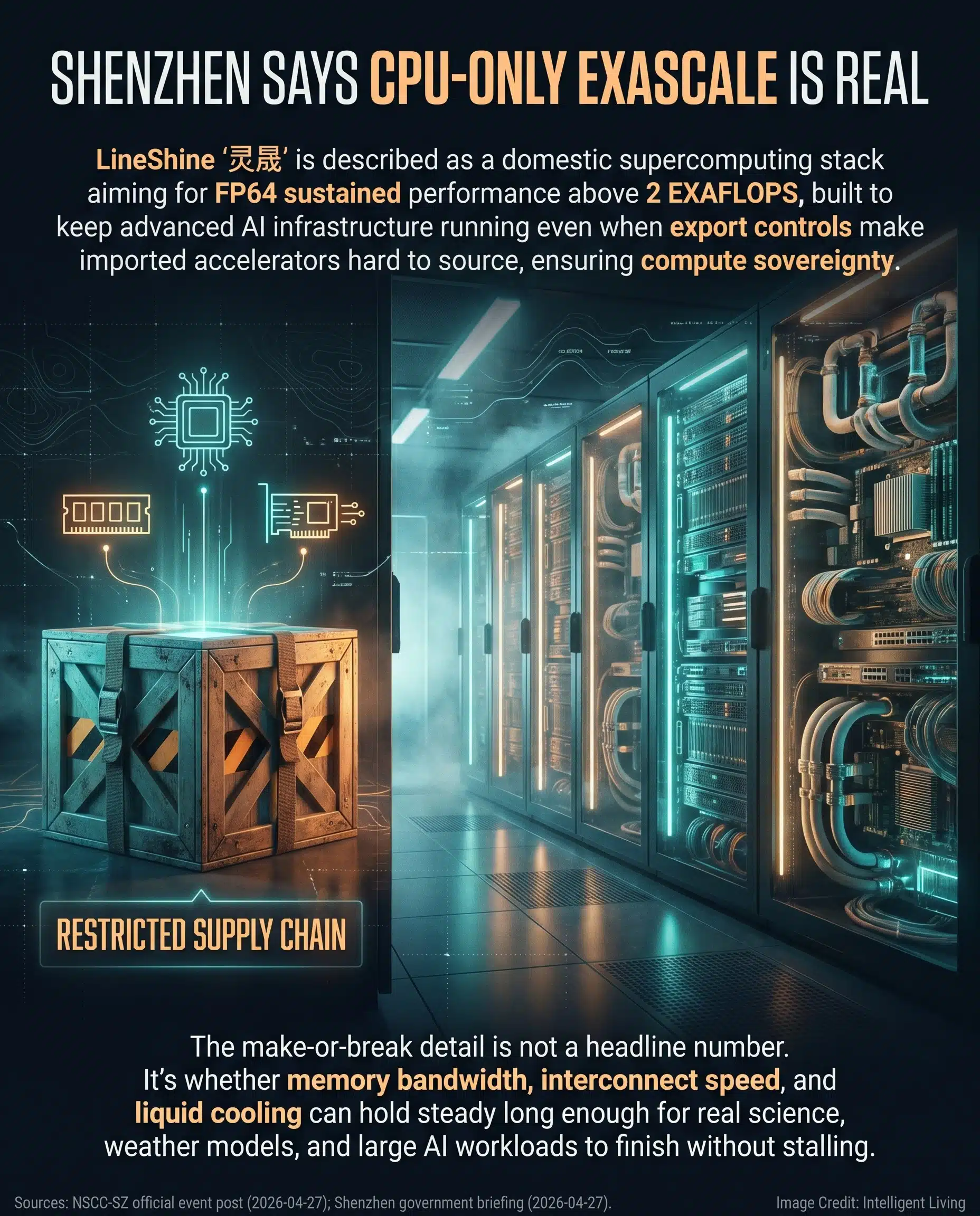 Bold meme-style data hall scene with a supply-chain "restricted crate" motif and glowing CPU racks, featuring large explanatory text about LineShine "灵晟," CPU-only exascale, FP64 sustained performance claims, and compute sovereignty under export controls.