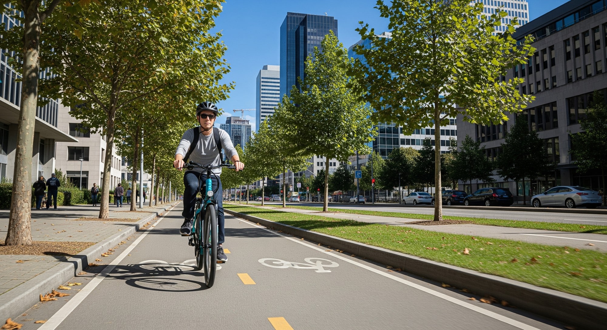 A person rides an electric bike along a dedicated urban bike lane lined with trees on a sunny day.