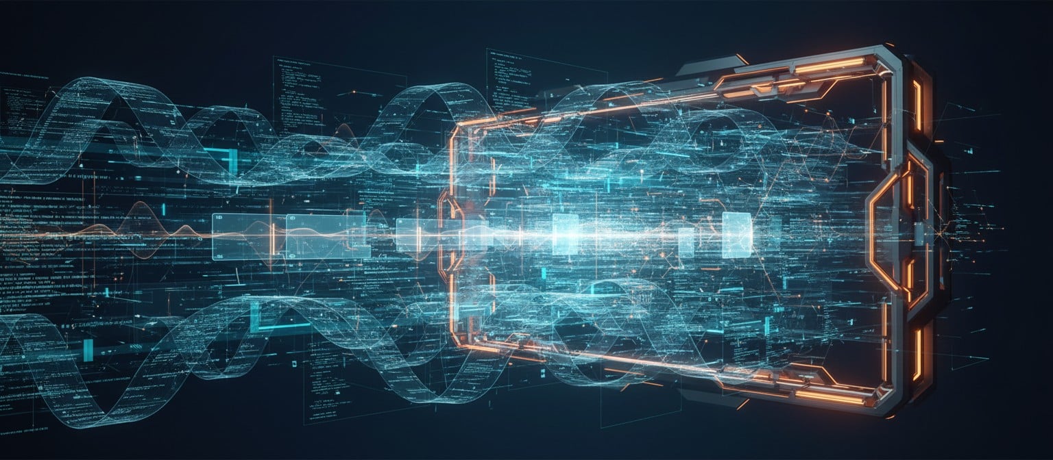 Long document pages and glowing AI context windows layered into a futuristic interface, showing how long-context AI handles large inputs but still faces retrieval and latency limits.