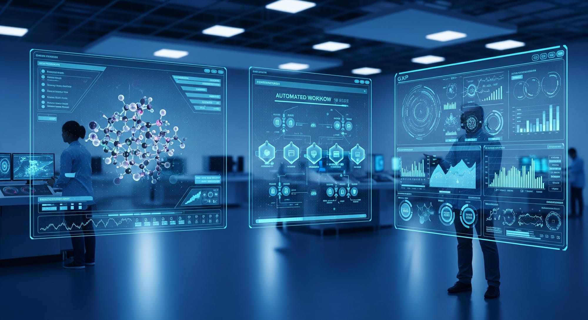 A high-tech control center display for automated GxP compliance and validation monitoring.