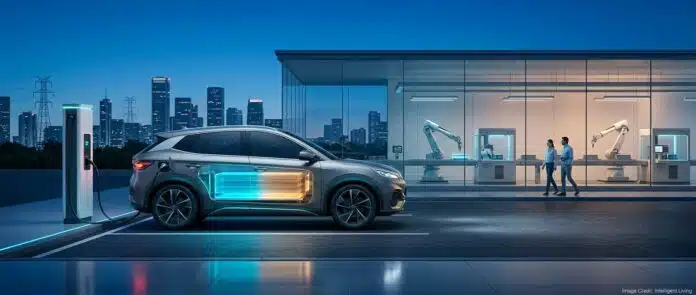 headline Cinematic electric vehicle charging scene with a luminous advanced battery cell, a modern production line, and a fast-charging station suggesting the rise of solid-state EV batteries in 2026.