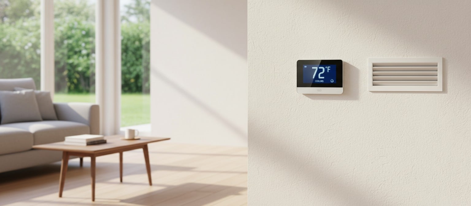 Digital thermostat on a living room wall showing temperature reading near an air vent