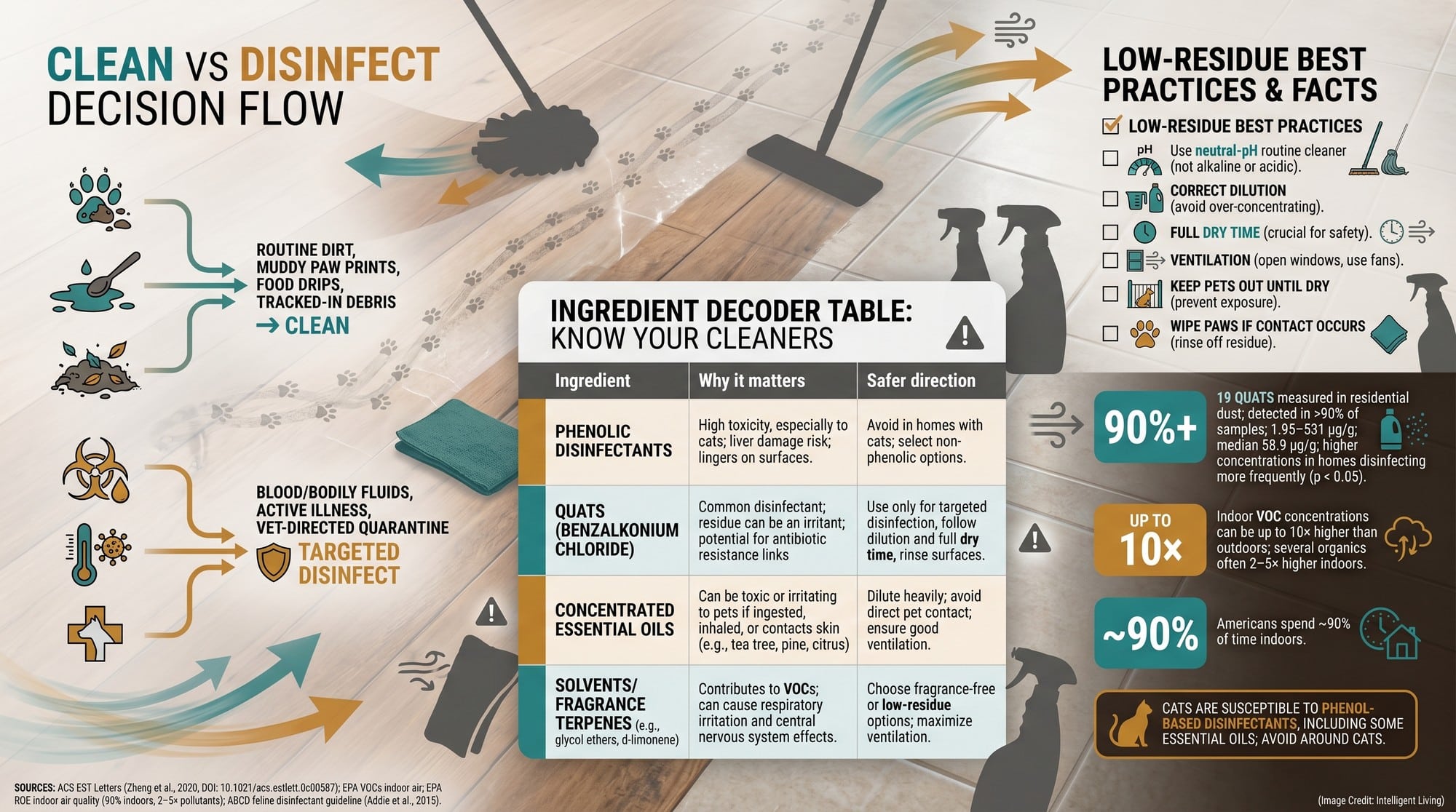 Data-rich guide poster showing when to clean vs disinfect in pet homes, a red-flag ingredient table, and numeric exposure facts about quats in dust and VOCs indoors.