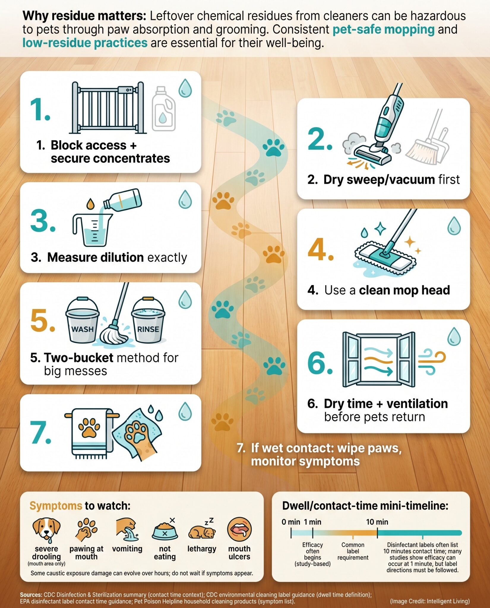 Step-by-step poster showing a low-residue pet-safe mopping routine with dilution, dry time, ventilation, and a symptom watchlist for accidental exposure.