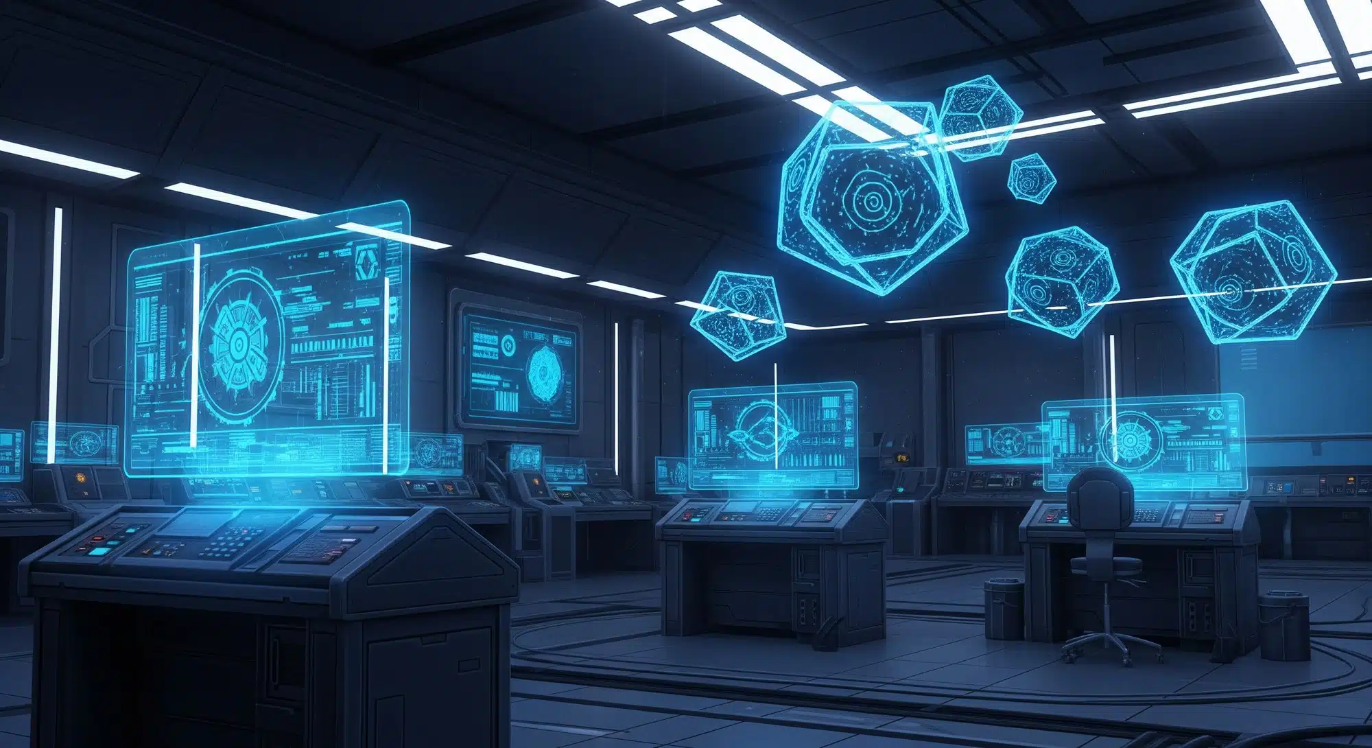 A futuristic sci-fi laboratory with glowing holographic terminals and floating geometric structures, depicting a Calyx node in Honkai Star Rail.