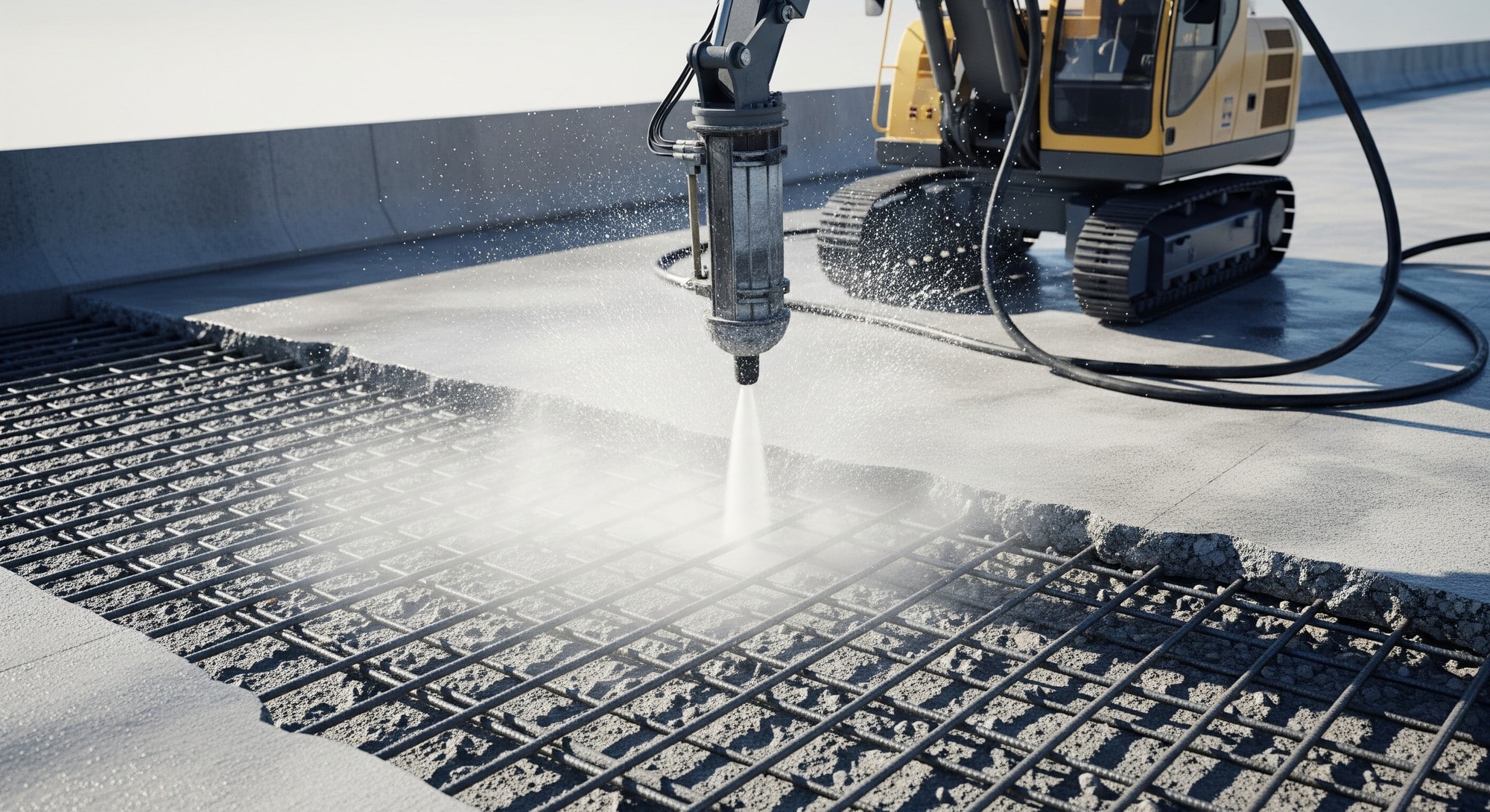 A robotic hydrodemolition machine using high-pressure water jets to remove deteriorated concrete from a bridge deck.