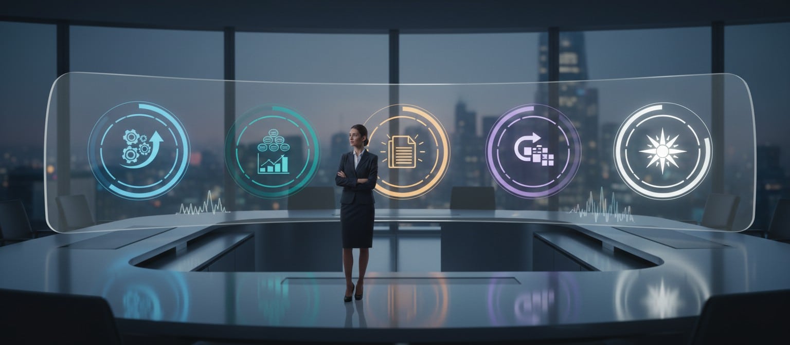 High-end enterprise AI dashboard with five glowing strategic checkpoints, showing how teams can evaluate model size, tool calling, context limits, cost, and deployment fit.