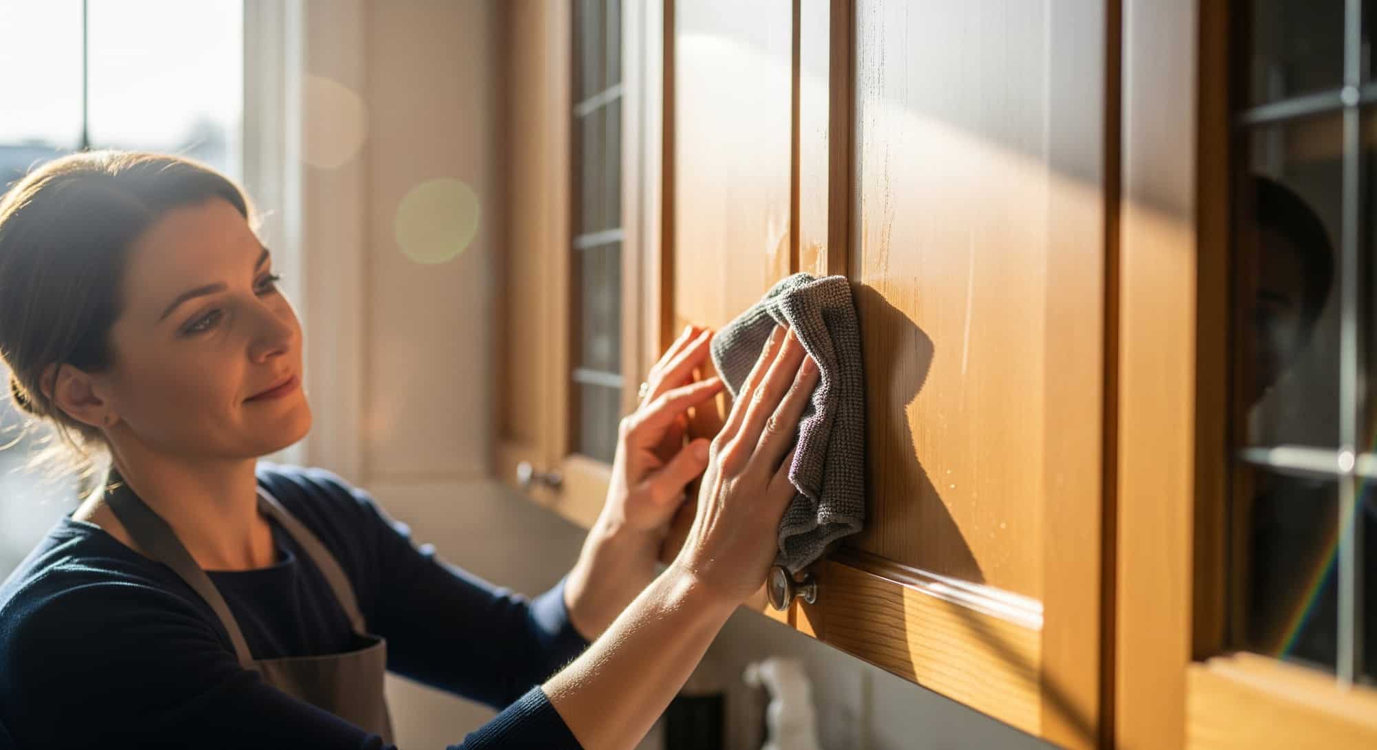 Homeowner cleaning and maintaining wood kitchen cabinets with a soft cloth for long-term durability