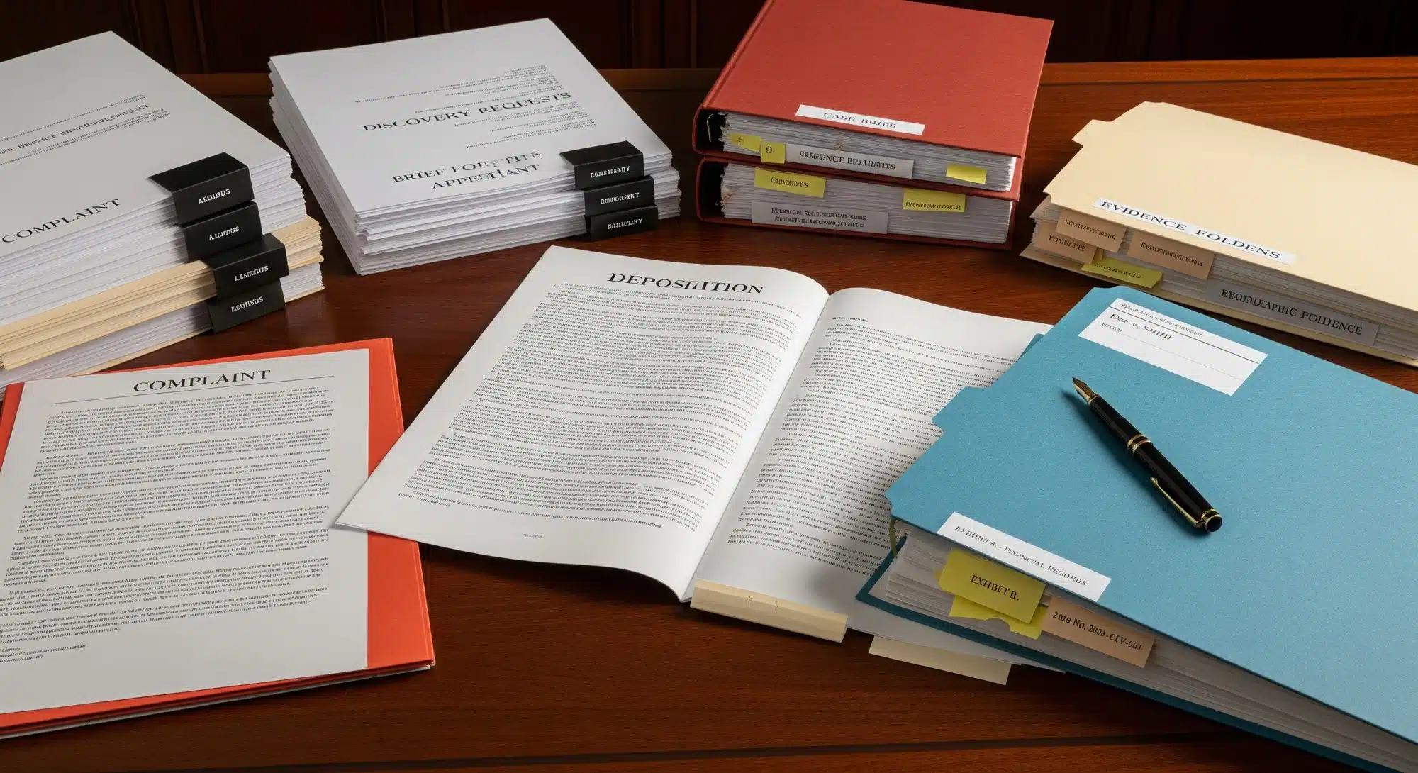 Legal documents and case files on a desk representing evidence review in wrongful death claims