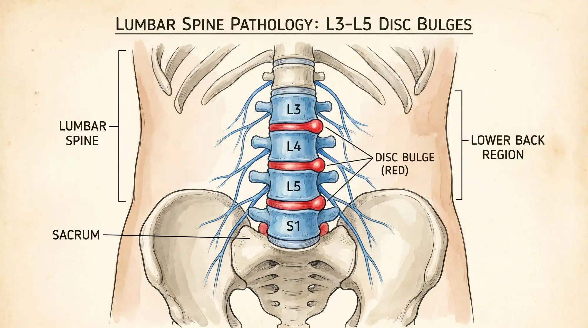 Anatomical diagram of the lumbar spine showing L3, L4, and L5 vertebrae with disc bulges