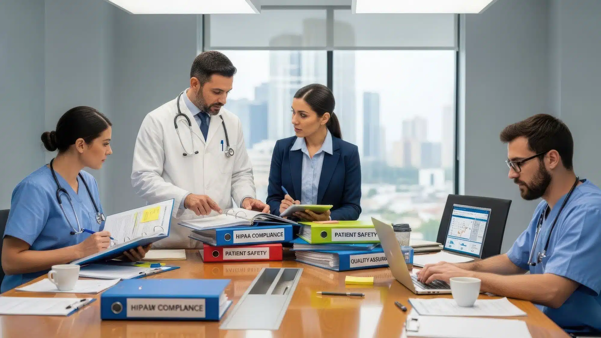 A medical team including a doctor, two nurses, and a woman in a suit, are gathered around a conference table reviewing patient safety and HIPAA compliance documents.