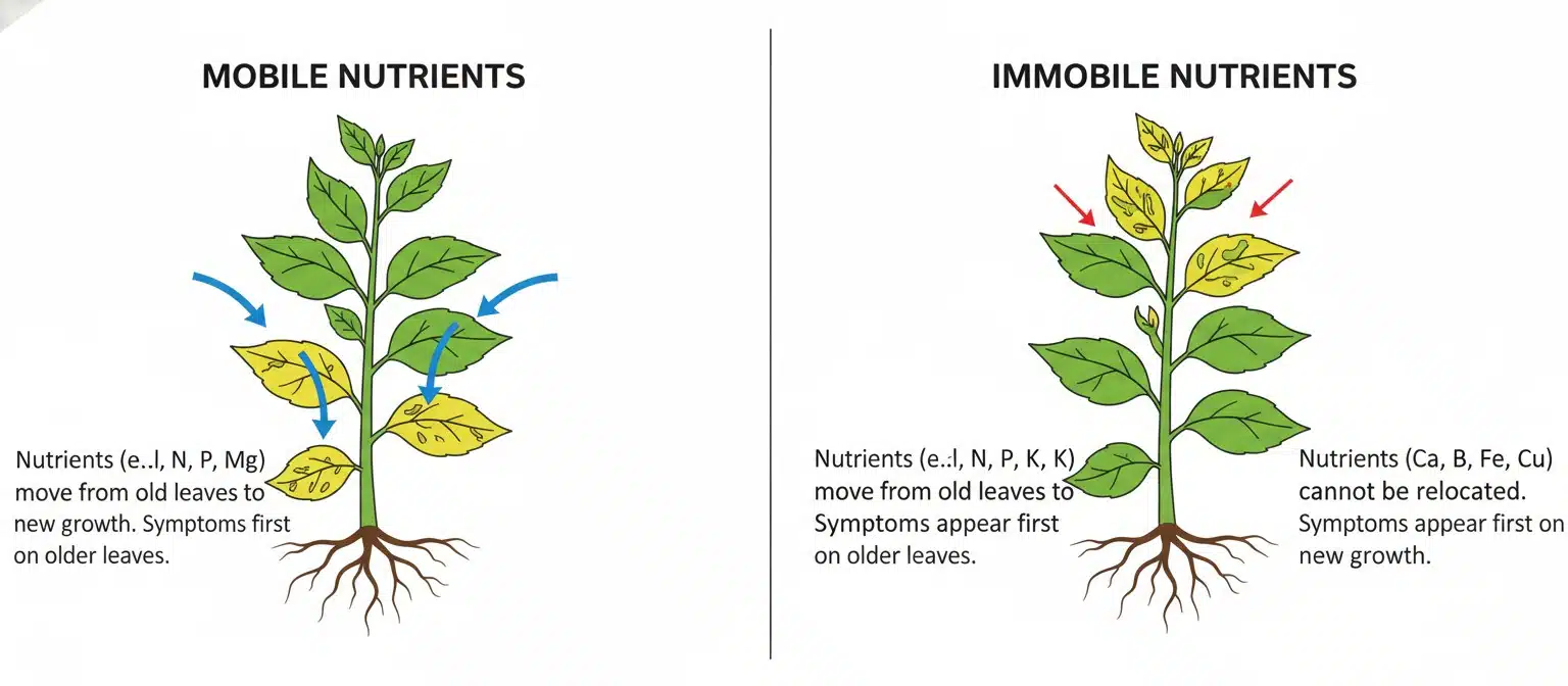 Diagram showing mobile vs immobile nutrient movement in plants