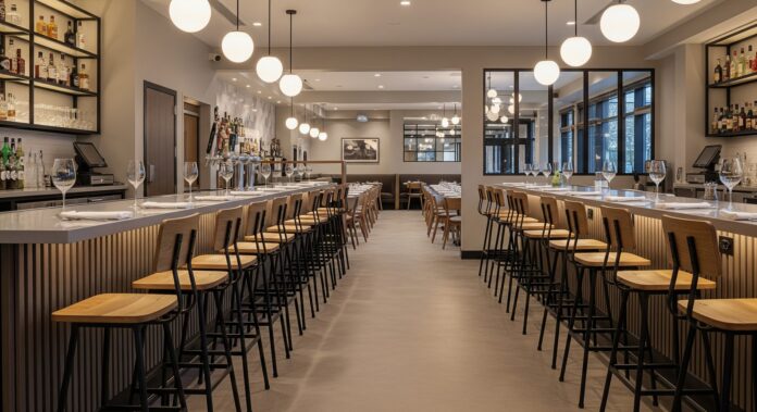 modern-industrial-bar-stools-restaurant Modern industrial bar stools lined up at a restaurant counter with sleek metal frames and wood seats