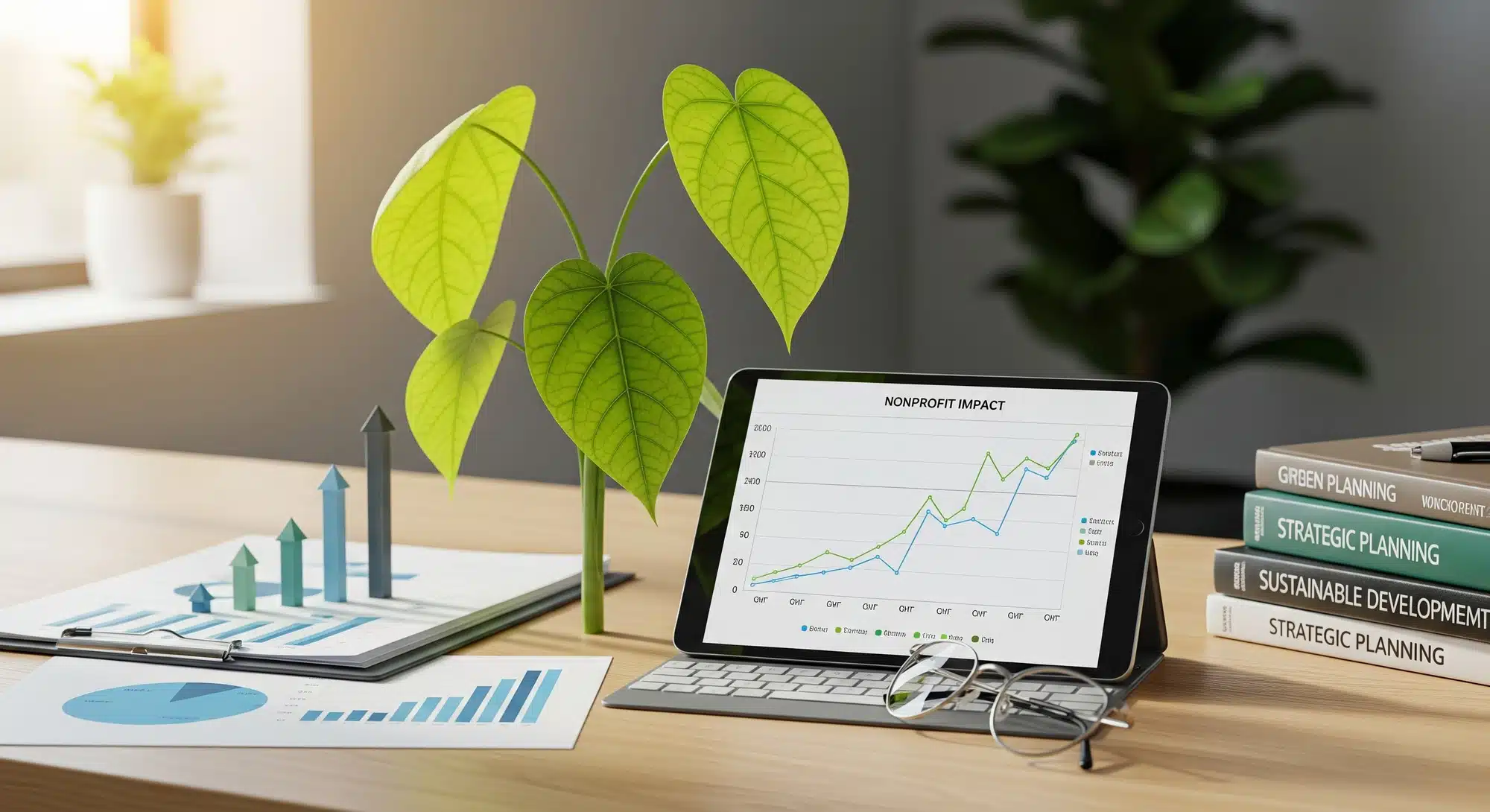 Sustainable nonprofit growth represented by organized planning tools and emerging plant