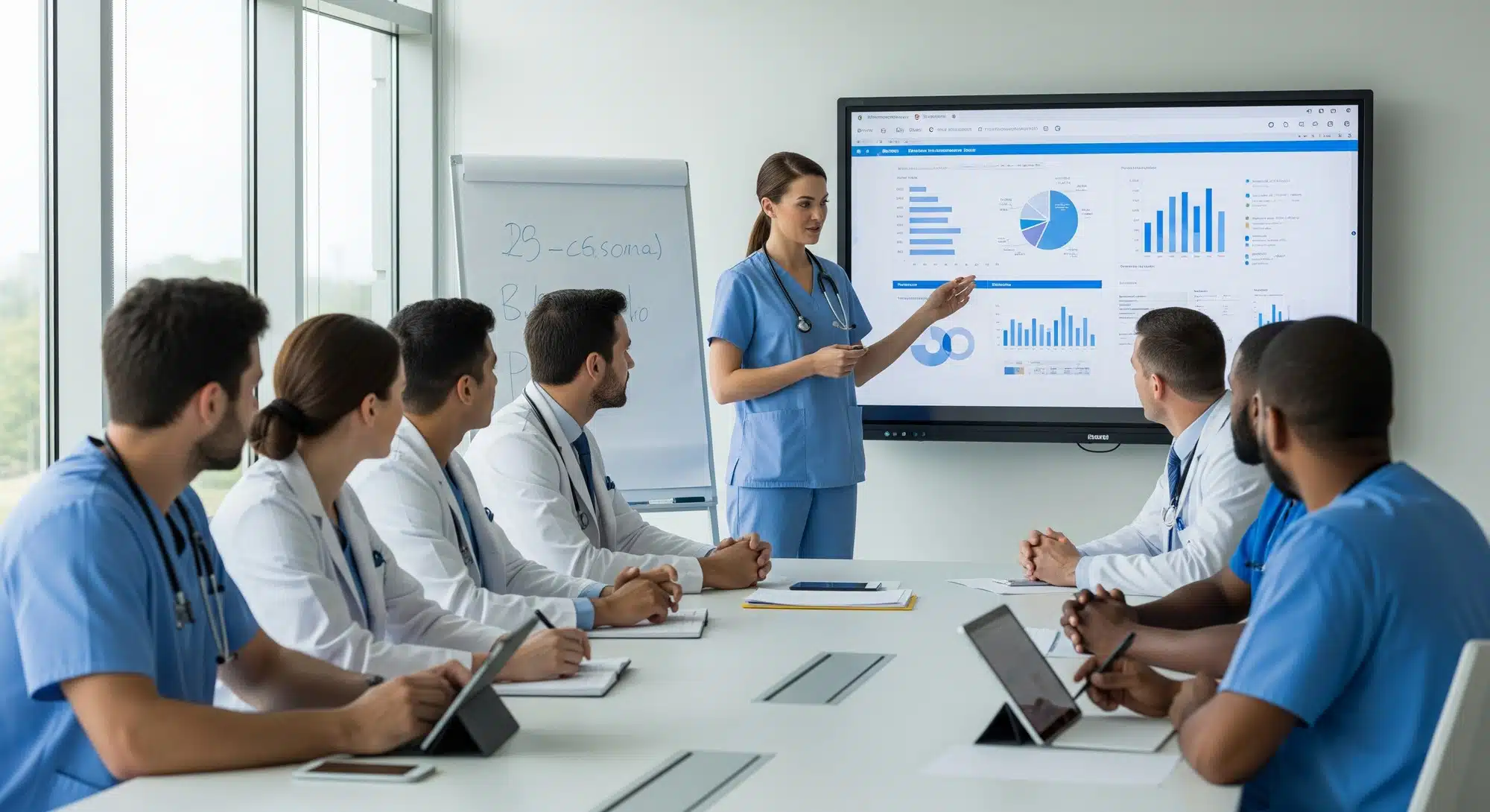 A nurse leader presenting to a healthcare team in a hospital meeting room, representing leadership and management opportunities in nursing.