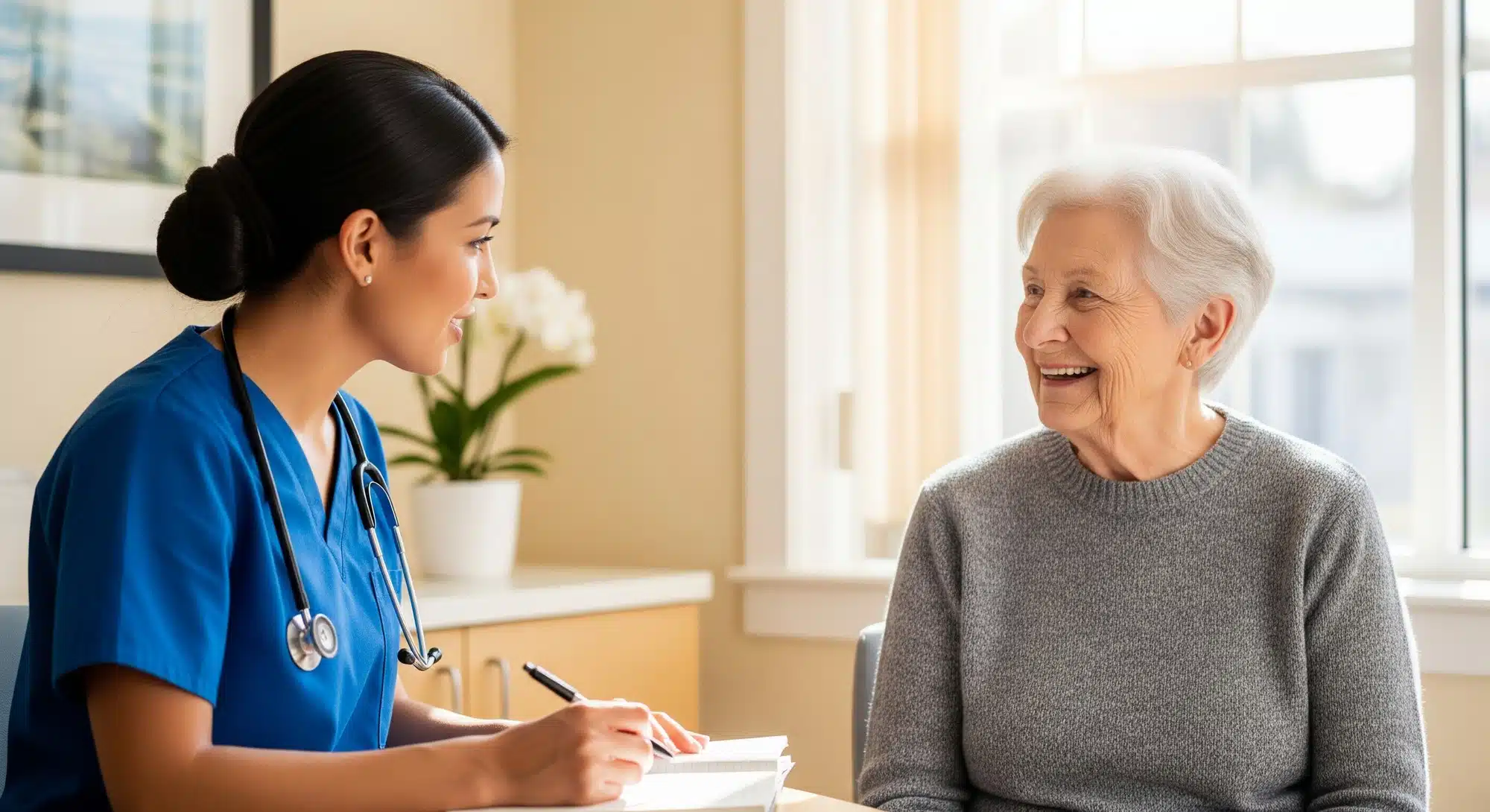 A nurse practitioner consulting with an elderly patient in an outpatient clinic, representing improved patient outcomes through advanced nursing care.