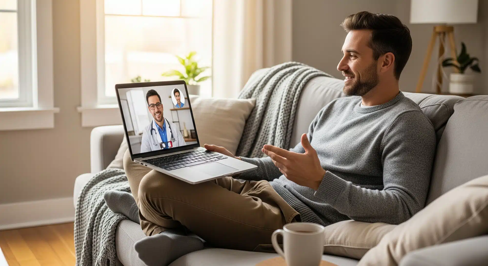 Patient relaxing at home attending a virtual healthcare appointment on a tablet