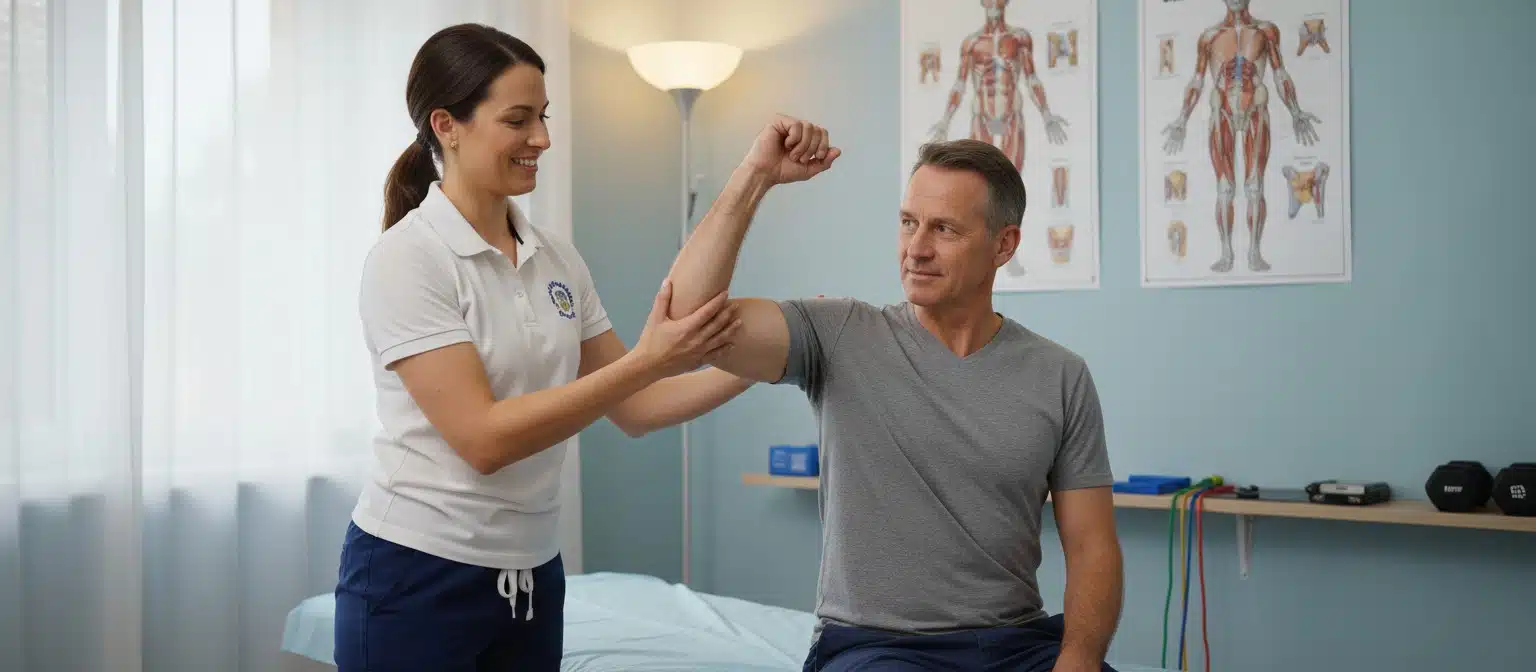 Physical therapist performing range-of-motion assessment with a patient