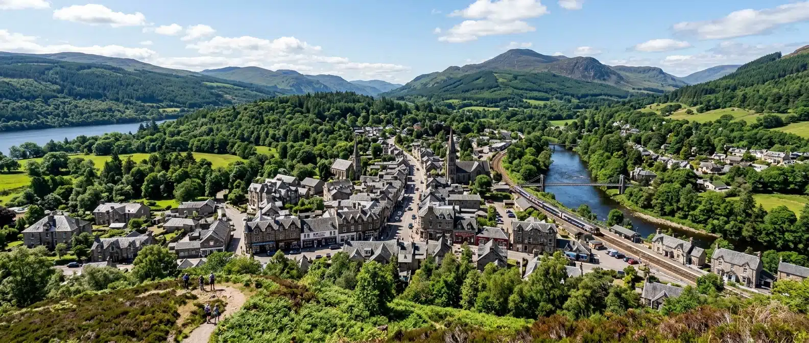 A picturesque view of the Highland town of Pitlochry with Victorian architecture and surrounding green hills.