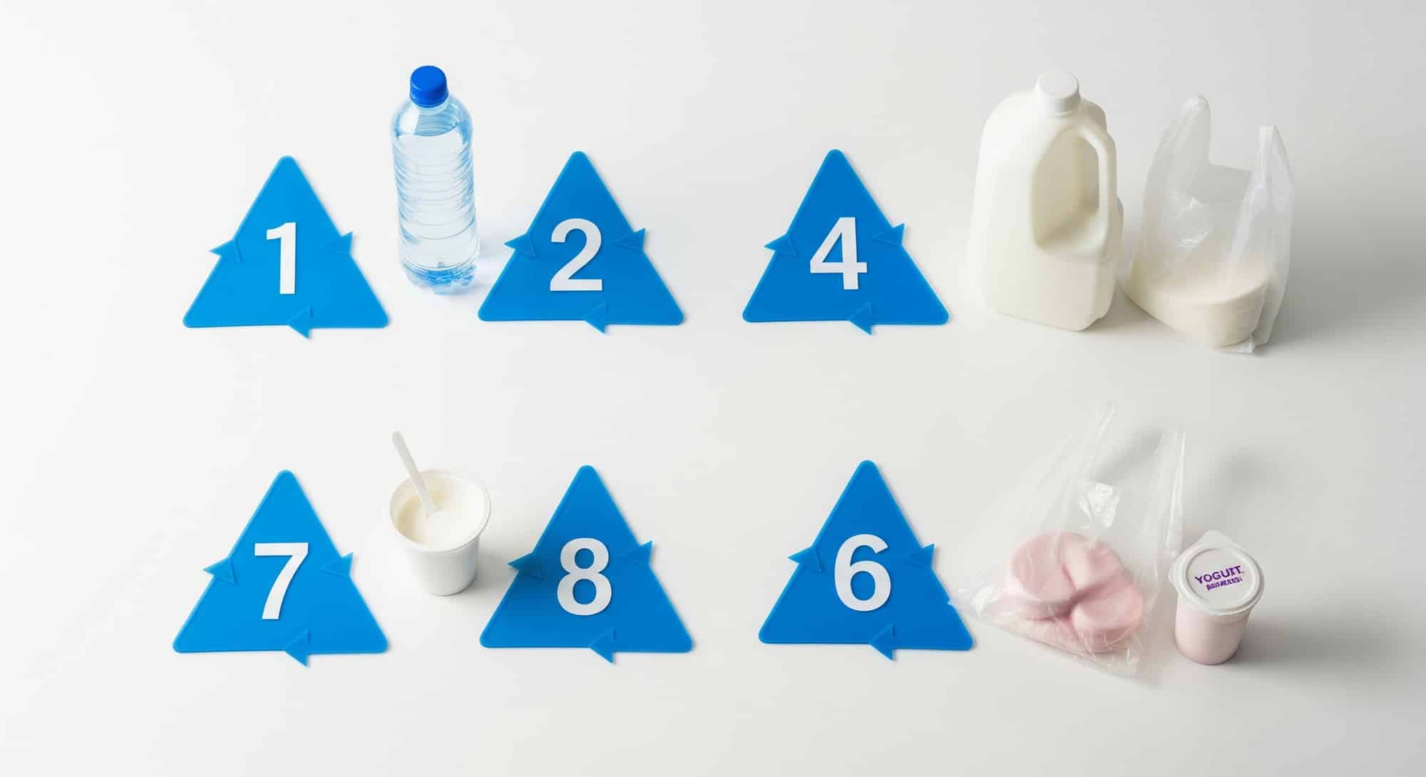 Plastic recycling symbols numbered 1 through 7 displayed with corresponding product examples for each resin type.