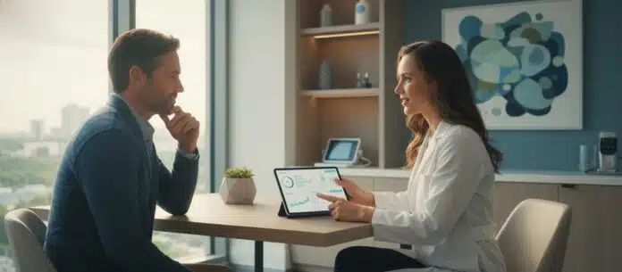 Physician consulting with a patient about preventive healthcare and early detection screening results