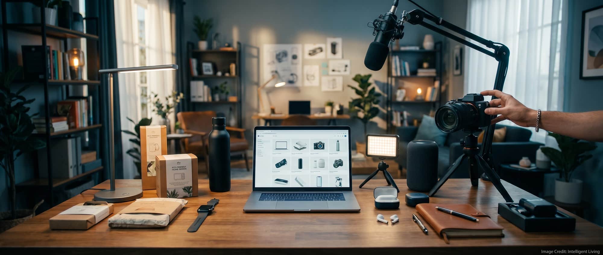 A cinematic home studio workspace with premium consumer tech, eco-friendly products, a camera setup, and a laptop showing a product review workflow for brand partnerships and hands-on testing.