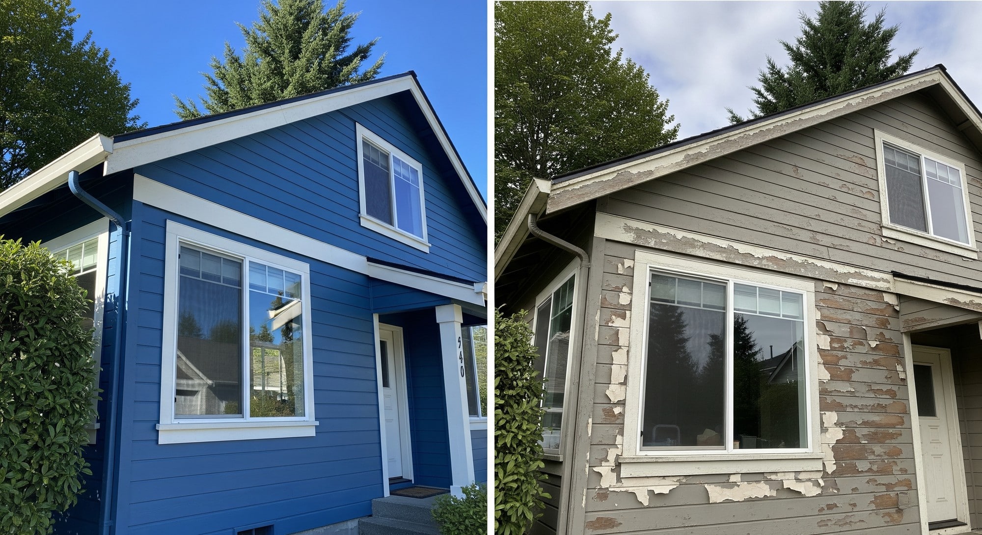 Split comparison showing a well-maintained freshly painted home exterior next to a home with peeling and faded paint, illustrating the long-term value of quality exterior painting