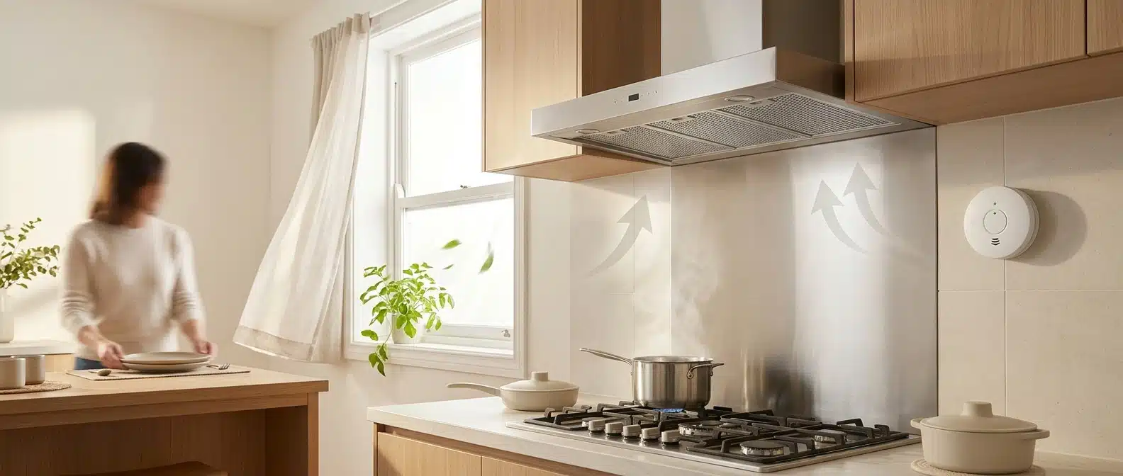 Bright kitchen scene with a ducted range hood running, a slightly open window, and calm airflow arrows suggesting reduced carbon monoxide and nitrogen dioxide exposure.