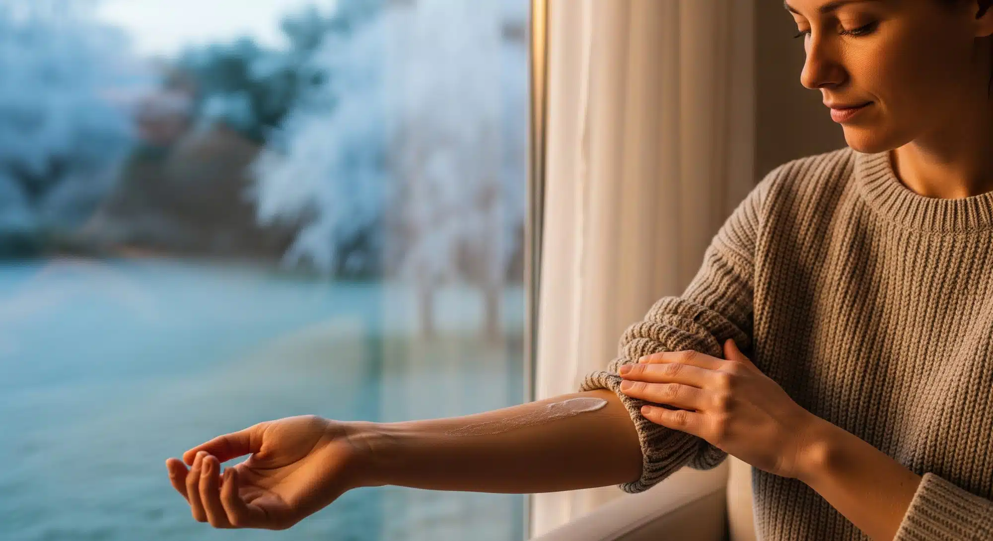 How Winter Weather Can Affect Psoriasis and Skin Comfort Person applying moisturiser to dry skin while looking out at cold winter weather