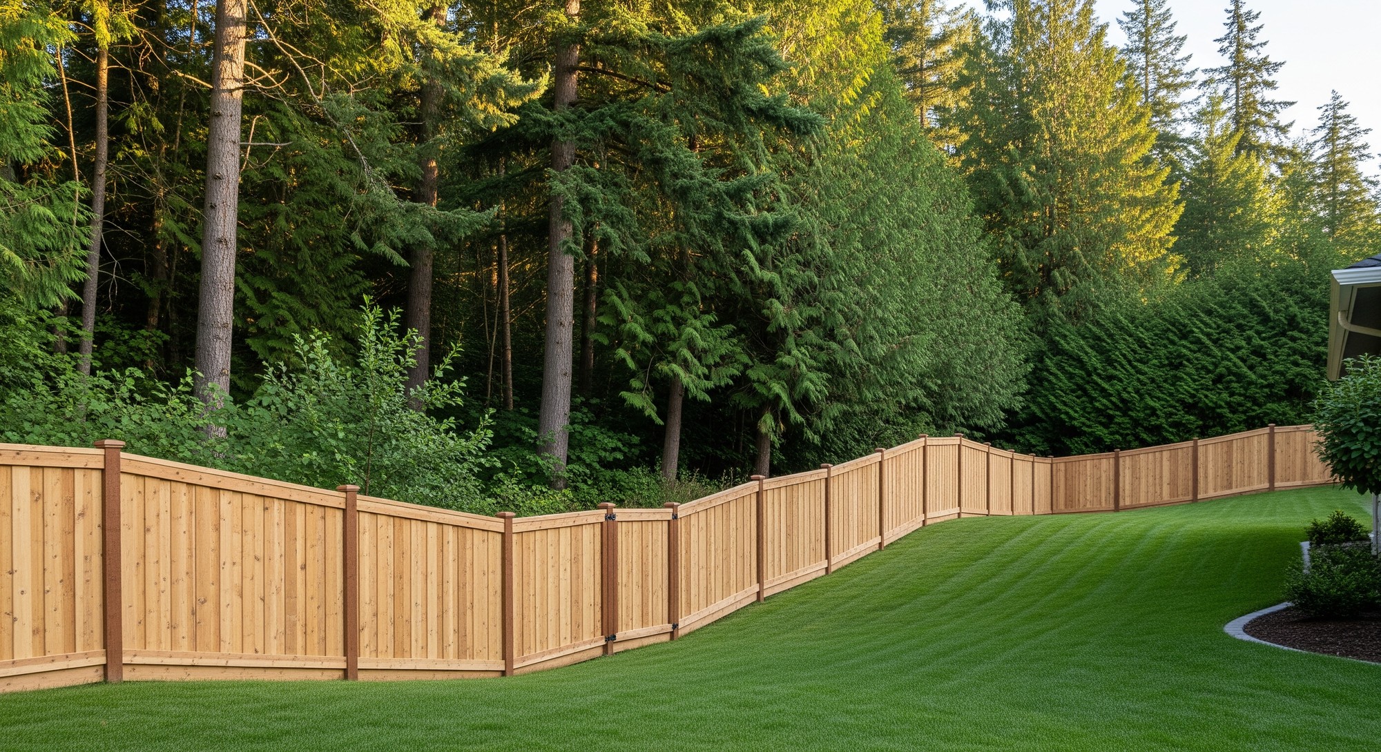 A completed racked fence following the contour of a gentle slope on a residential property in Washington