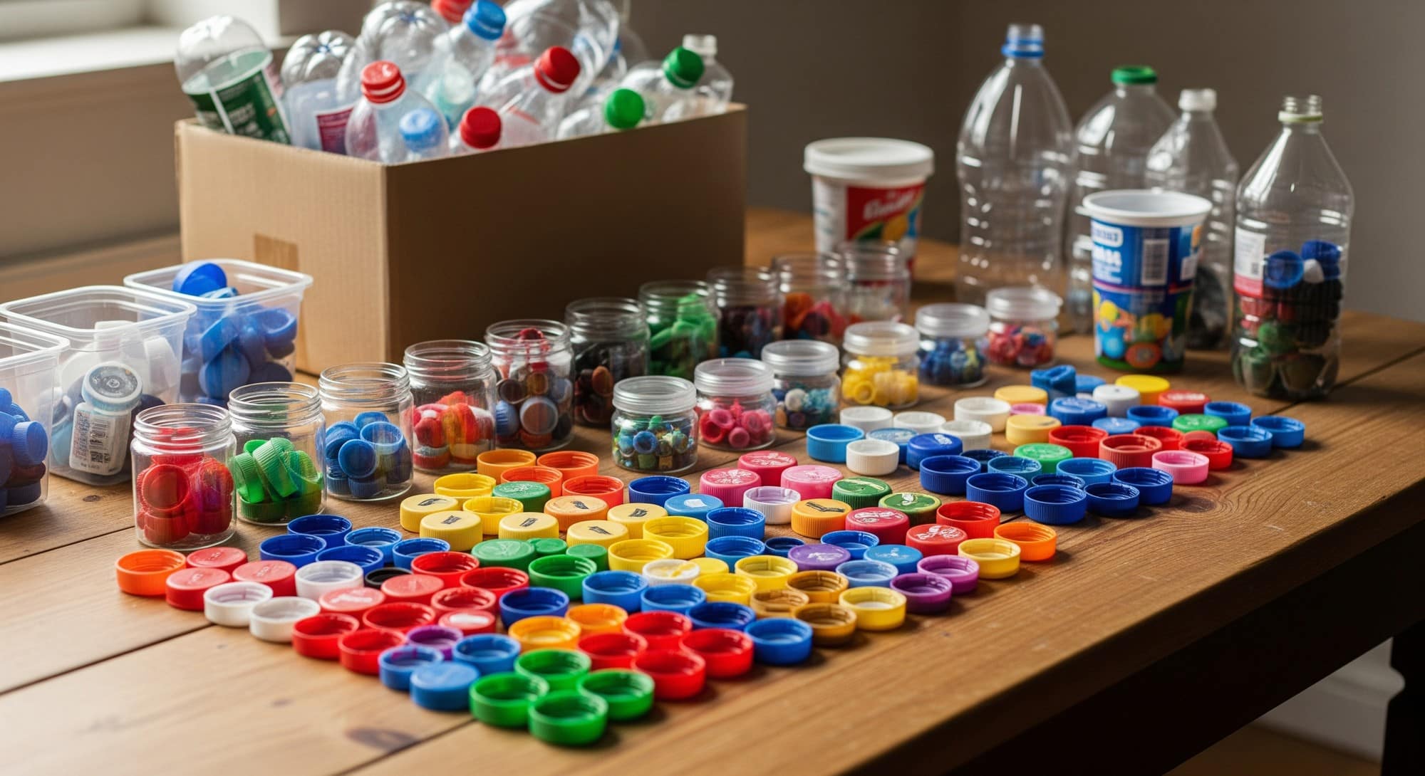 A person's hands hold several colorful plastic bottle caps, with a cardboard box full of plastic bottles and other recyclables in the foreground.