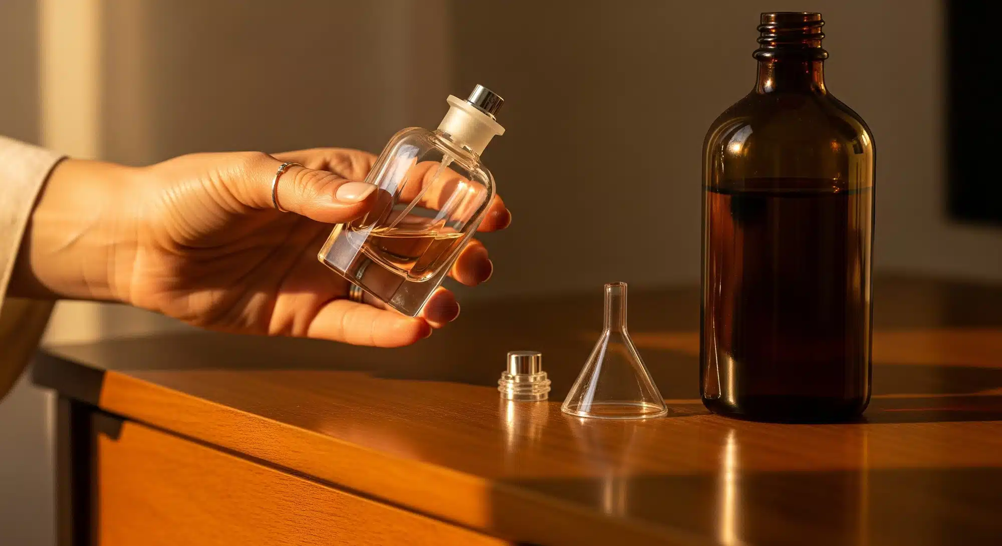 Hand holding a refillable glass perfume bottle with golden hour light on a dresser