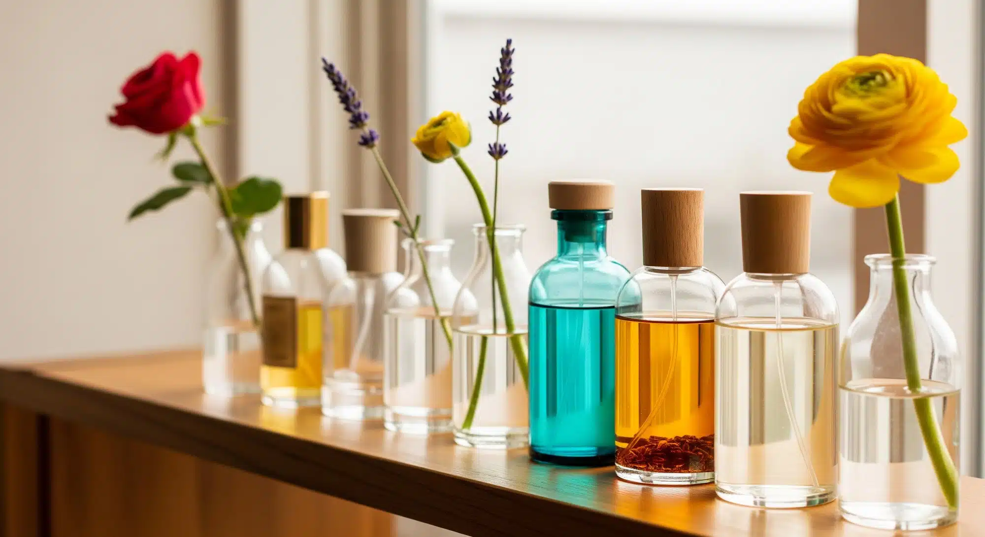 Repurposed glass perfume bottles used as small flower vases on a shelf